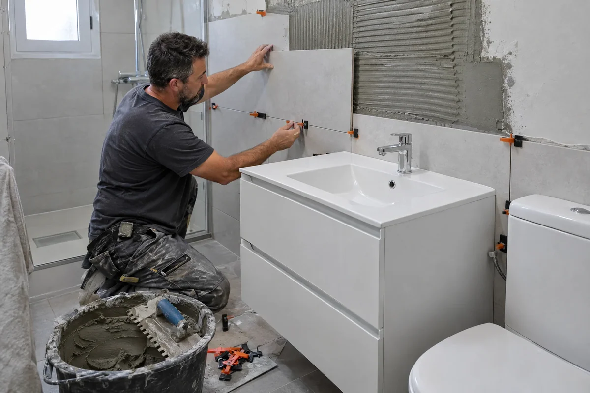 Tradesperson fitting porcelain wall tiles and bathroom fittings