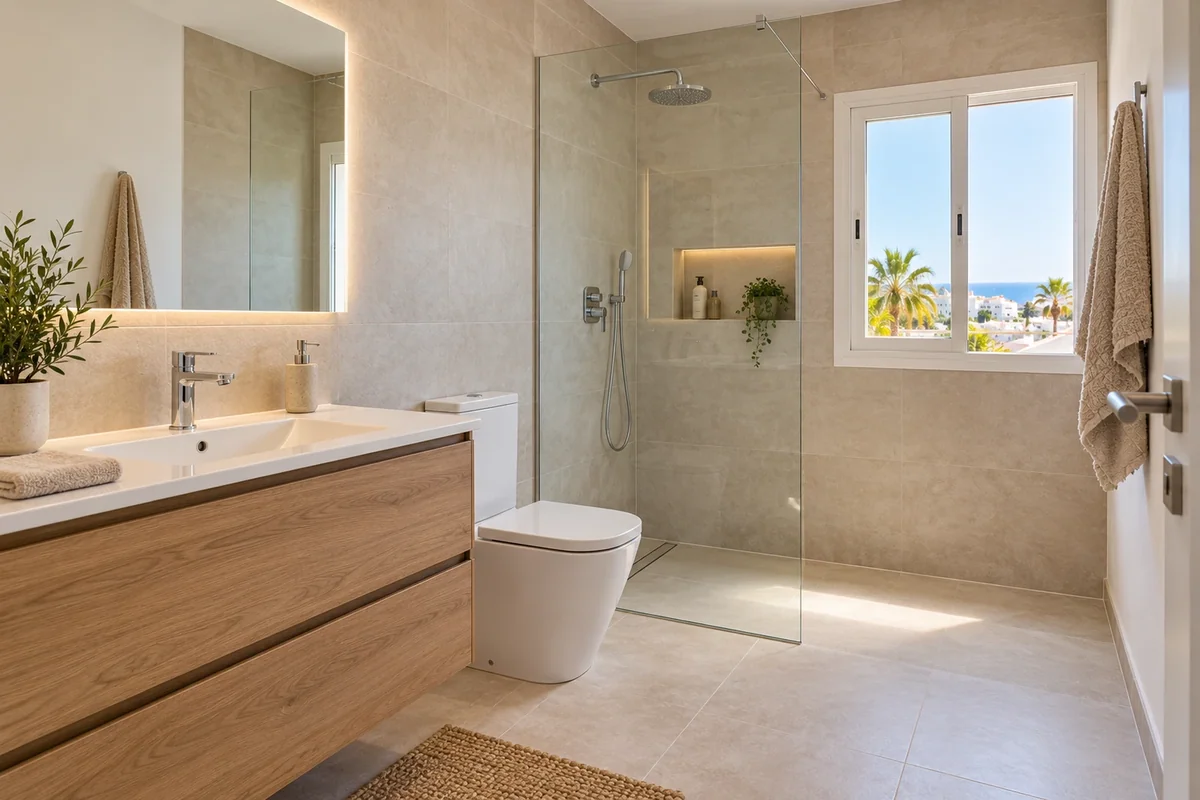 Finished walk-in shower bathroom